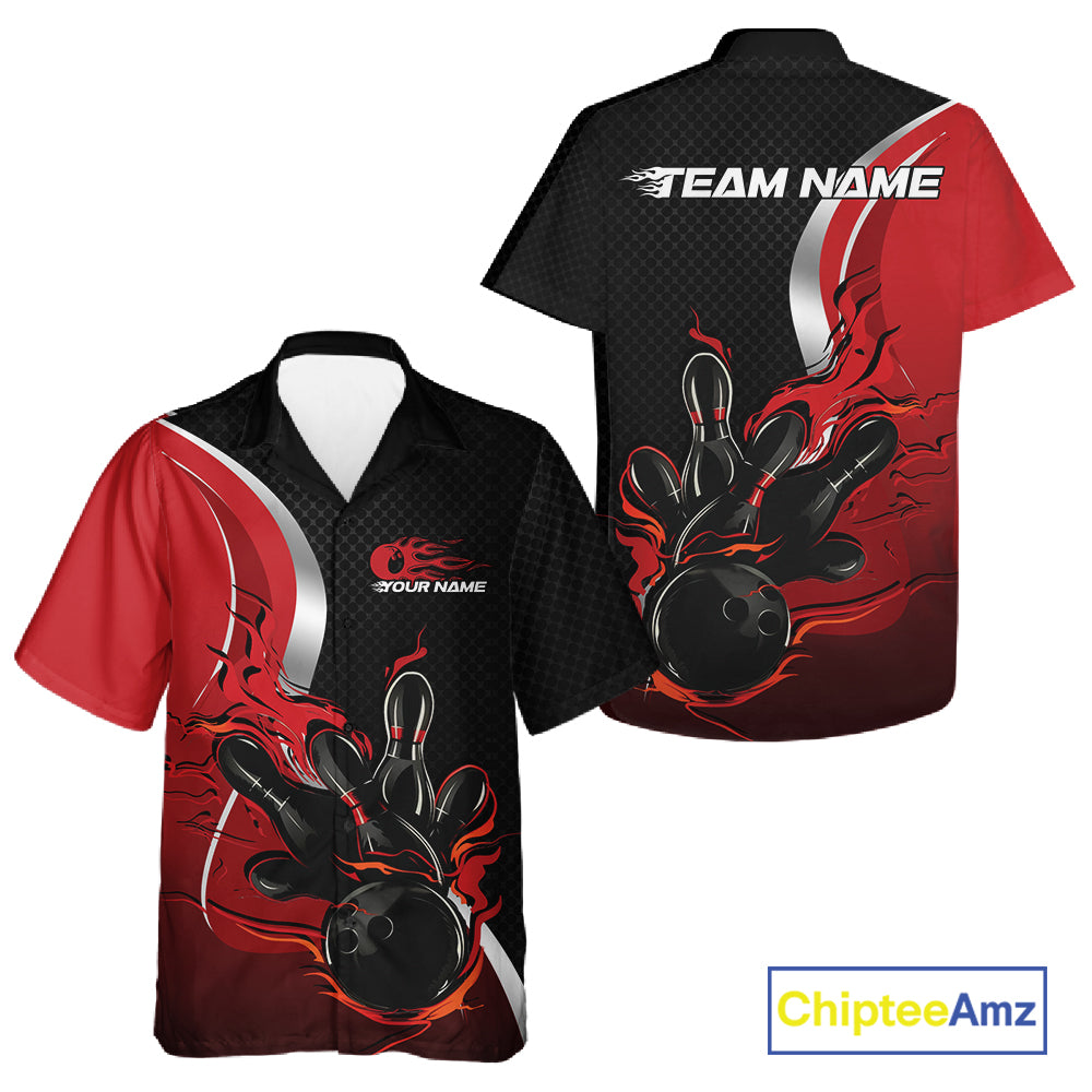 Custom Black And Red Flame Bowling Team Jersey, Bowling Button Up Shirt For Men And Women IPHW12007