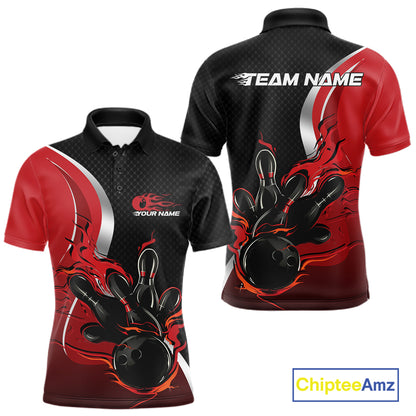 Custom Black And Red Flame Bowling Team Jersey, Bowling Polo Shirt For Men IPHW12007