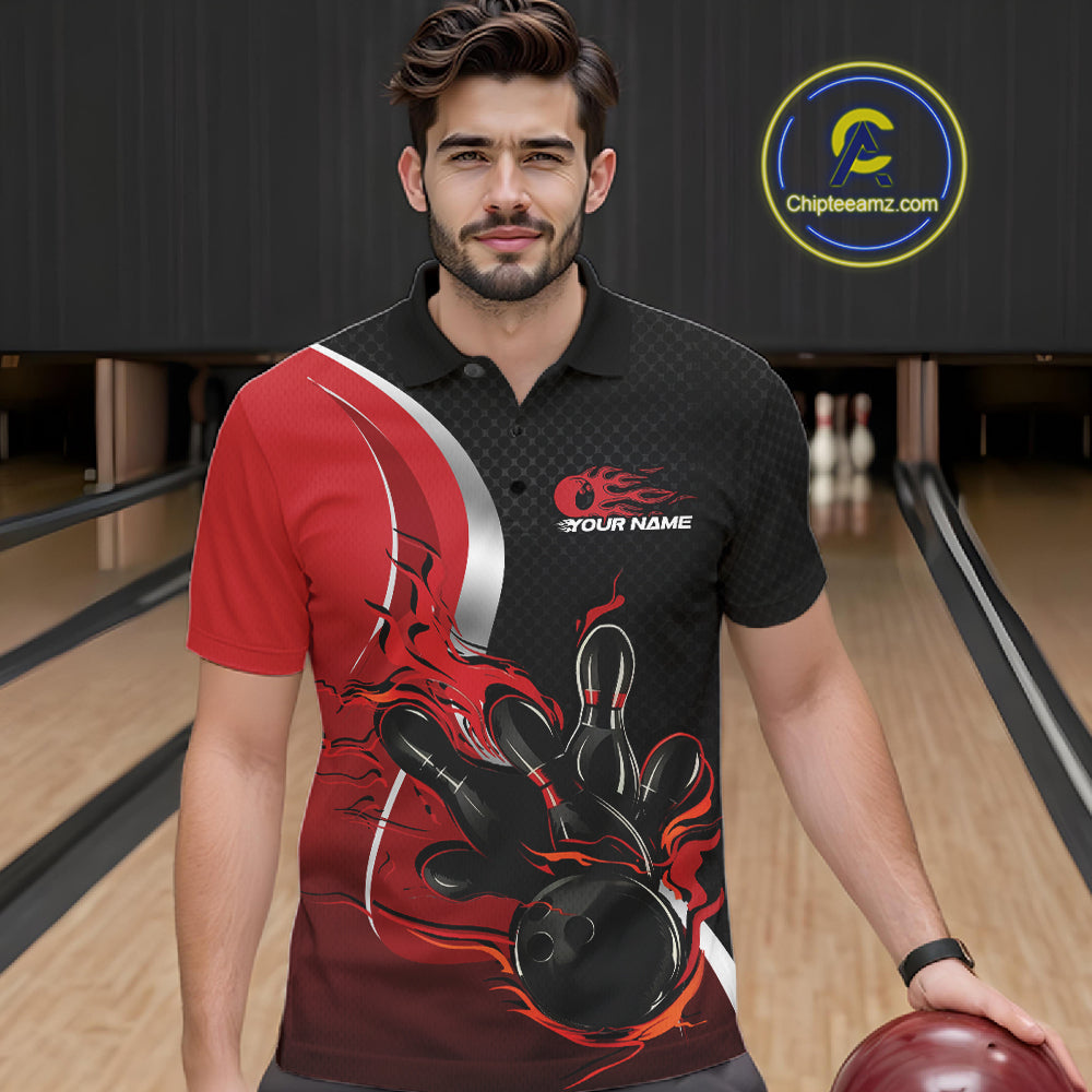 Custom Black And Red Flame Bowling Team Jersey, Bowling Polo Shirt For Men IPHW12007