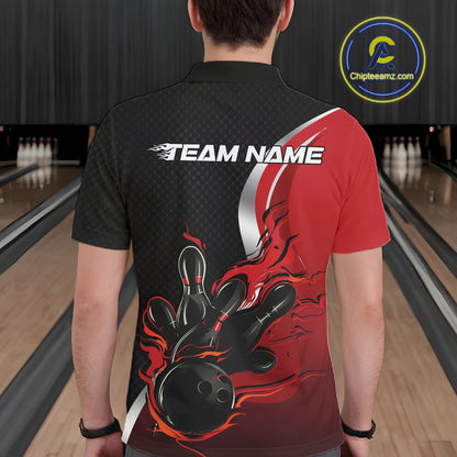Custom Black And Red Flame Bowling Team Jersey, Bowling Polo Shirt For Men IPHW12007