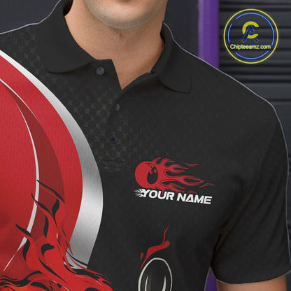 Custom Black And Red Flame Bowling Team Jersey, Bowling Polo Shirt For Men IPHW12007