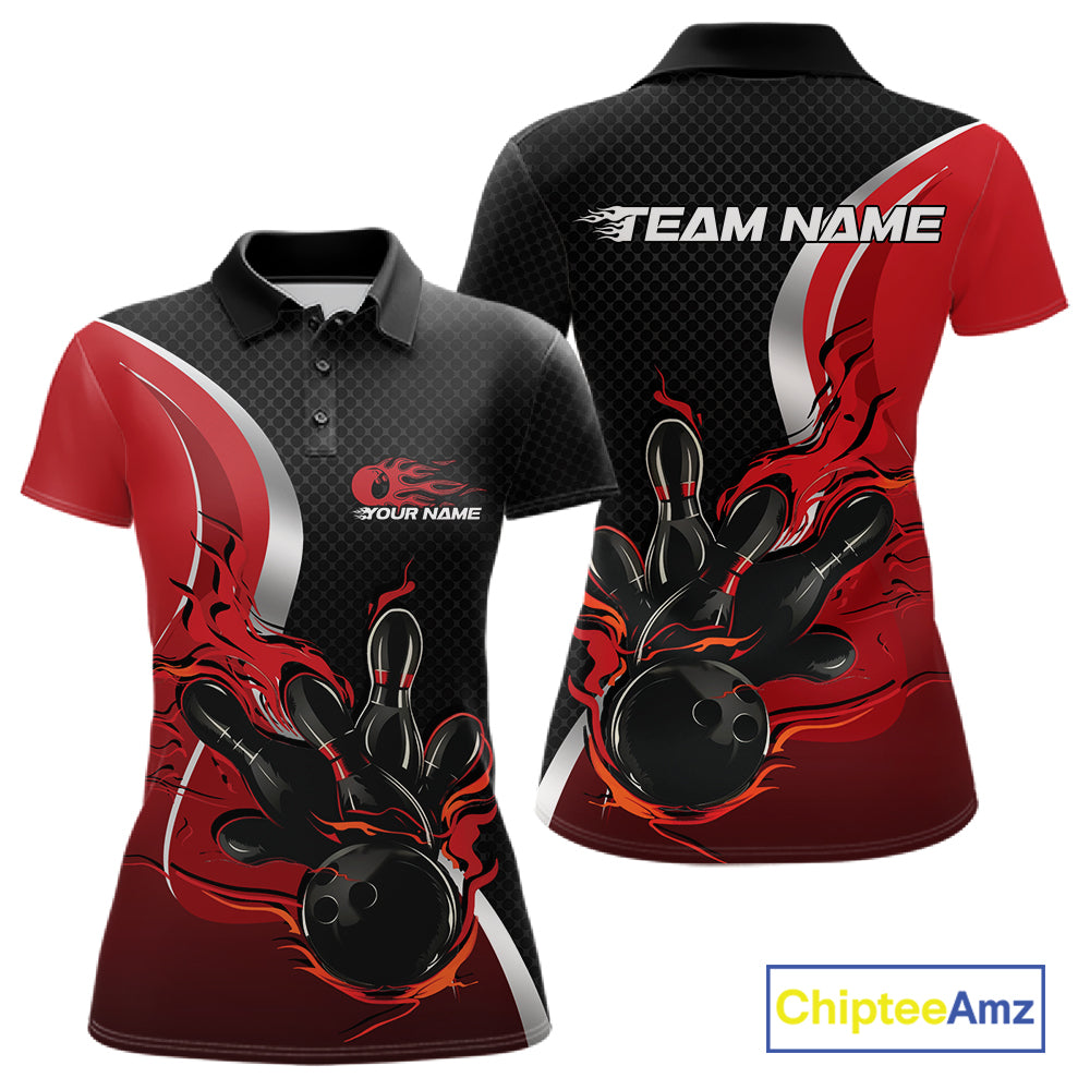 Custom Black And Red Flame Bowling Team Jersey, Bowling Polo Shirt For Women IPHW12007