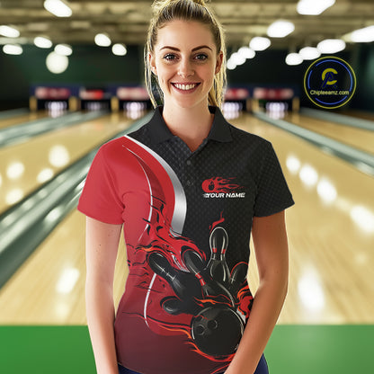 Custom Black And Red Flame Bowling Team Jersey, Bowling Polo Shirt For Women IPHW12007