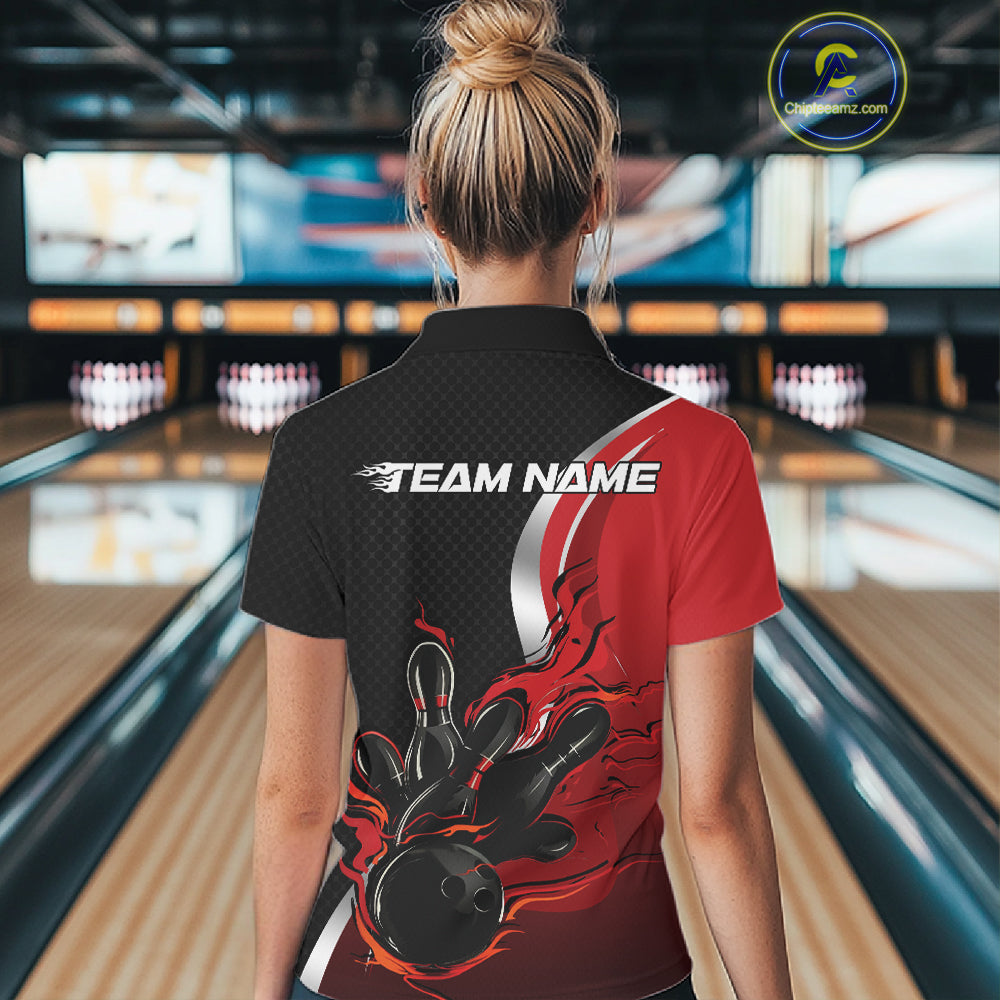 Custom Black And Red Flame Bowling Team Jersey, Bowling Polo Shirt For Women IPHW12007