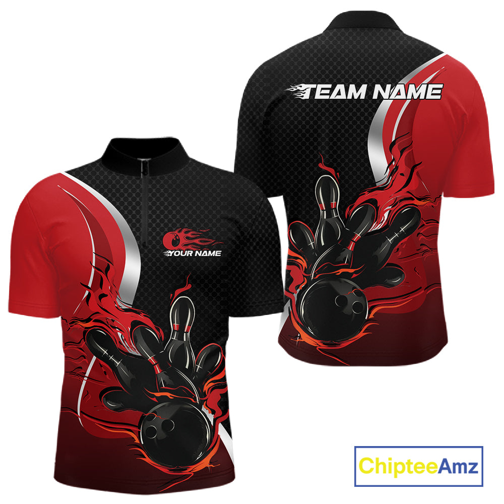 Custom Black And Red Flame Bowling Team Jersey, Bowling Quarter Zip Shirt For Men IPHW12007