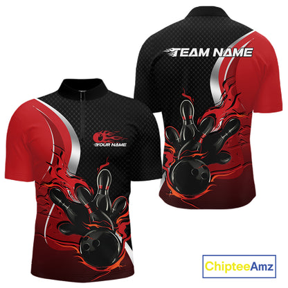 Custom Black And Red Flame Bowling Team Jersey, Bowling Quarter Zip Shirt For Men IPHW12007