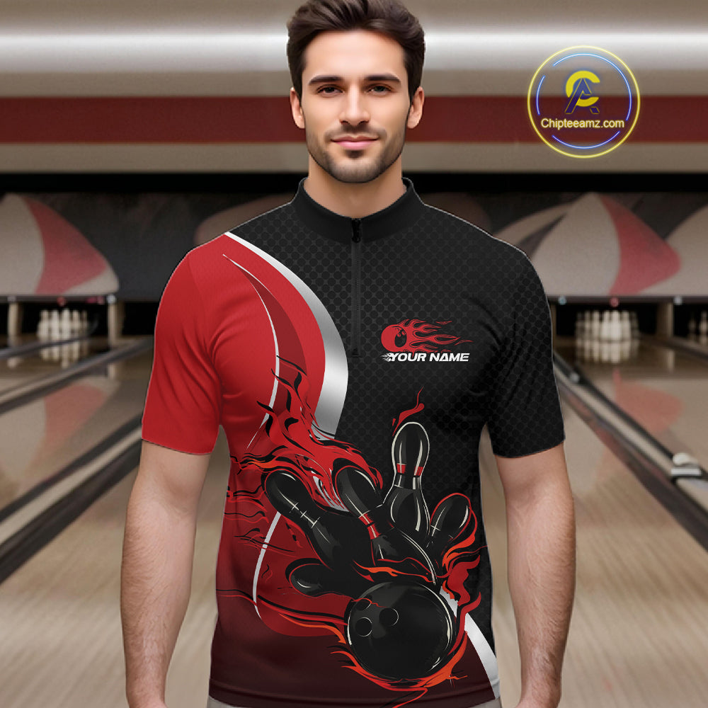 Custom Black And Red Flame Bowling Team Jersey, Bowling Quarter Zip Shirt For Men IPHW12007