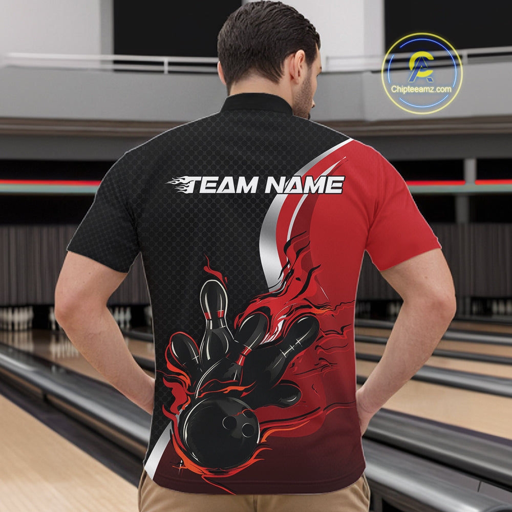 Custom Black And Red Flame Bowling Team Jersey, Bowling Quarter Zip Shirt For Men IPHW12007