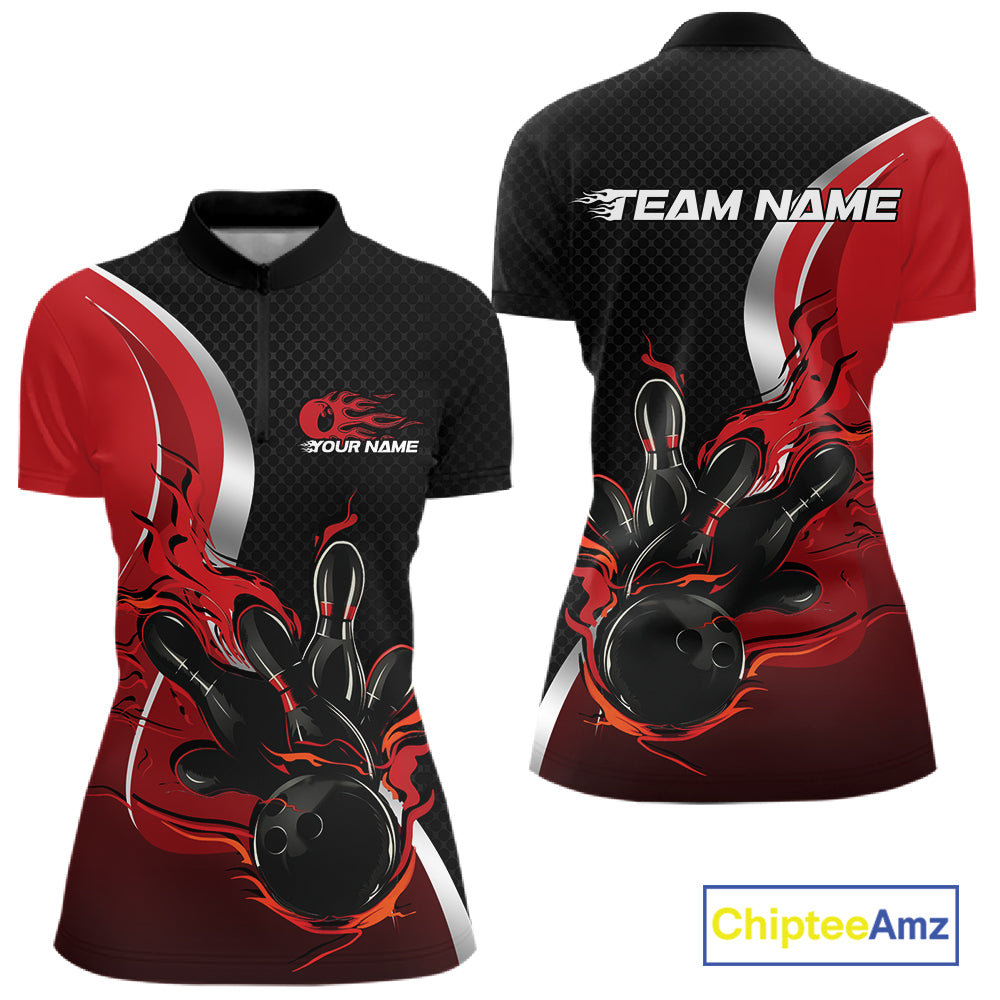 Custom Black And Red Flame Bowling Team Jersey, Bowling Quarter-Zip Shirt For Women IPHW12007