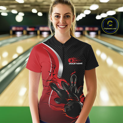 Custom Black And Red Flame Bowling Team Jersey, Bowling Quarter-Zip Shirt For Women IPHW12007