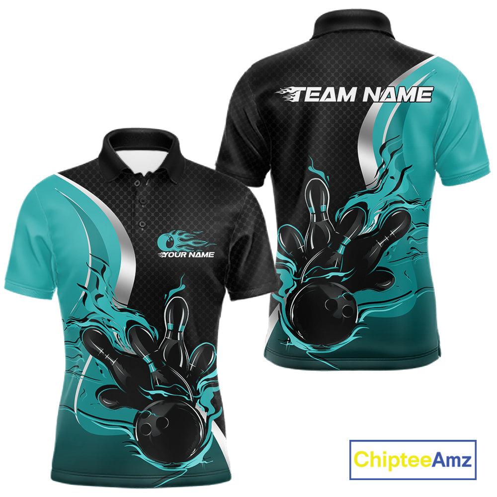 Custom Black And Turquoise Blue Flame Bowling Team Jersey, Bowling Polo Shirt For Men IPHW12008