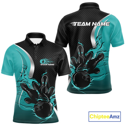 Custom Black And Turquoise Blue Flame Bowling Team Jersey, Bowling Polo Shirt For Men IPHW12008