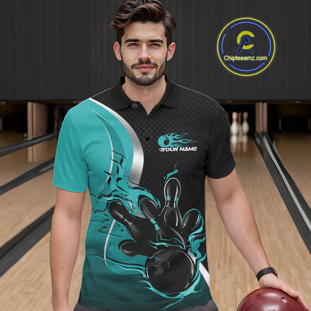 Custom Black And Turquoise Blue Flame Bowling Team Jersey, Bowling Polo Shirt For Men IPHW12008