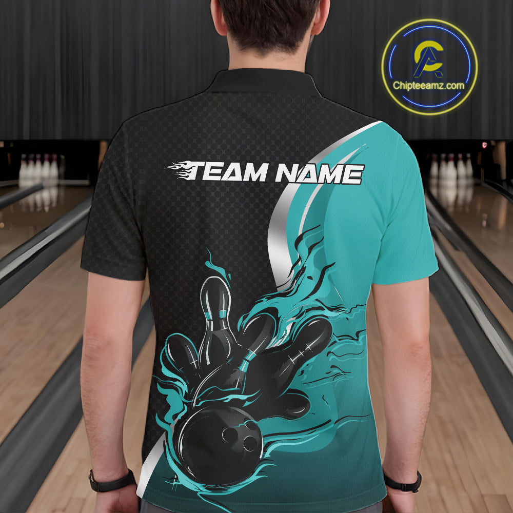 Custom Black And Turquoise Blue Flame Bowling Team Jersey, Bowling Polo Shirt For Men IPHW12008