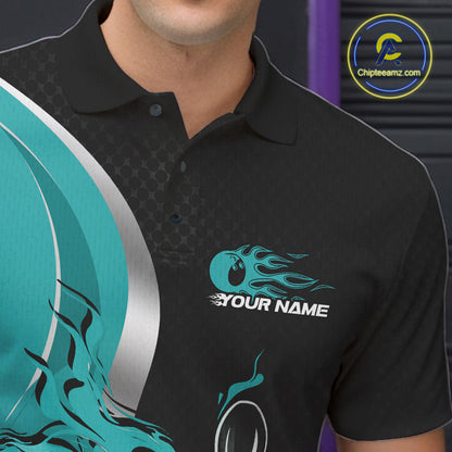 Custom Black And Turquoise Blue Flame Bowling Team Jersey, Bowling Polo Shirt For Men IPHW12008