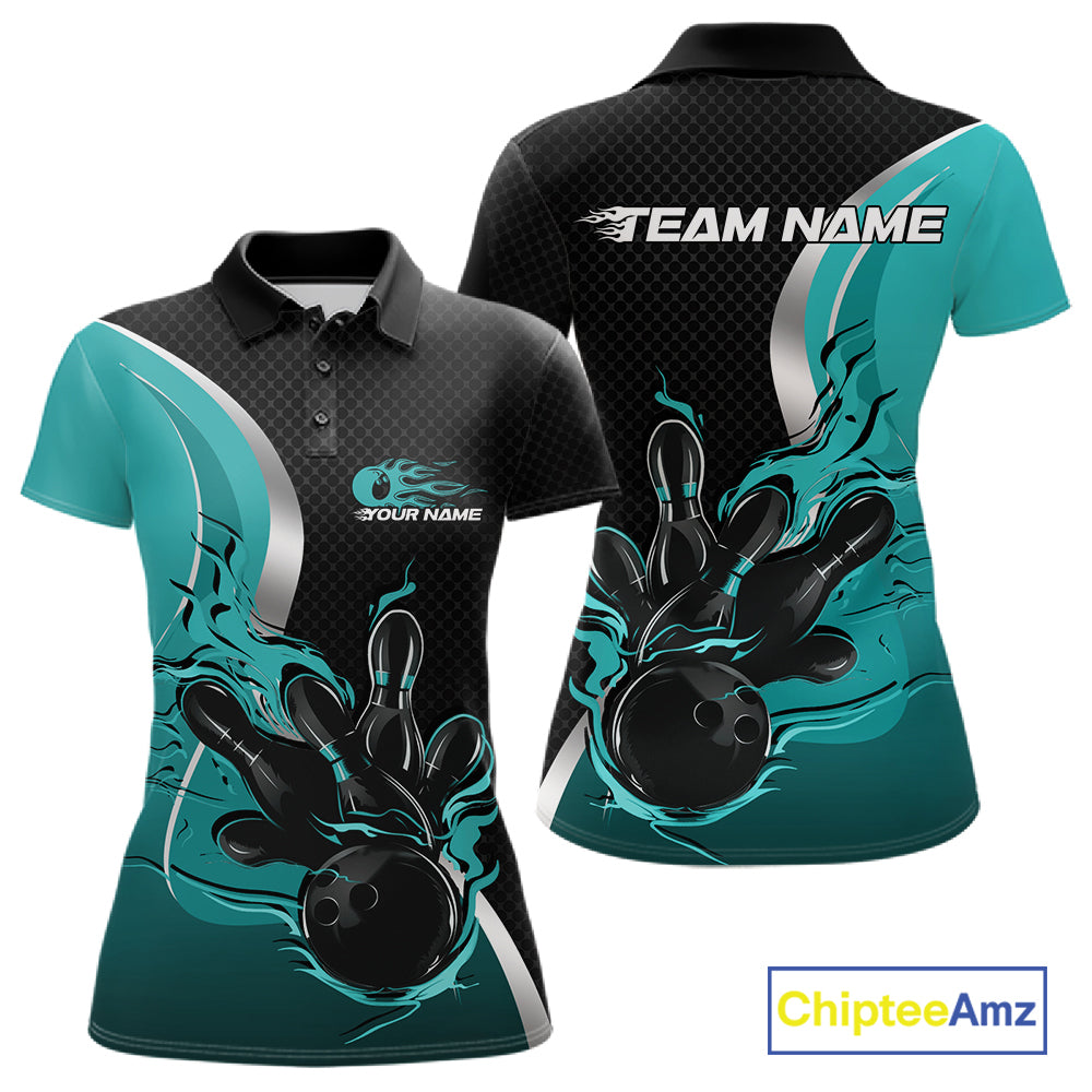 Custom Black And Turquoise Blue Flame Bowling Team Jersey, Bowling Polo Shirt For Women IPHW12008