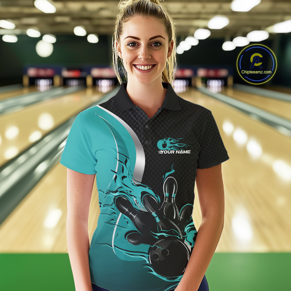 Custom Black And Turquoise Blue Flame Bowling Team Jersey, Bowling Polo Shirt For Women IPHW12008