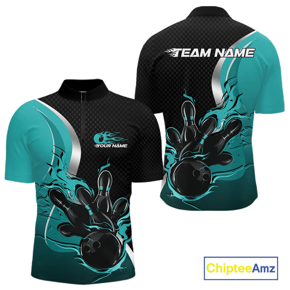 Custom Black And Turquoise Blue Flame Bowling Team Jersey, Bowling Quarter Zip Shirt For Men IPHW12008