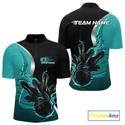 Custom Black And Turquoise Blue Flame Bowling Team Jersey, Bowling Quarter Zip Shirt For Men IPHW12008