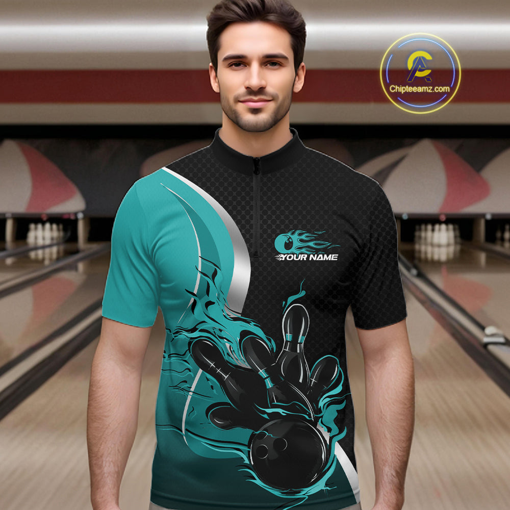 Custom Black And Turquoise Blue Flame Bowling Team Jersey, Bowling Quarter Zip Shirt For Men IPHW12008