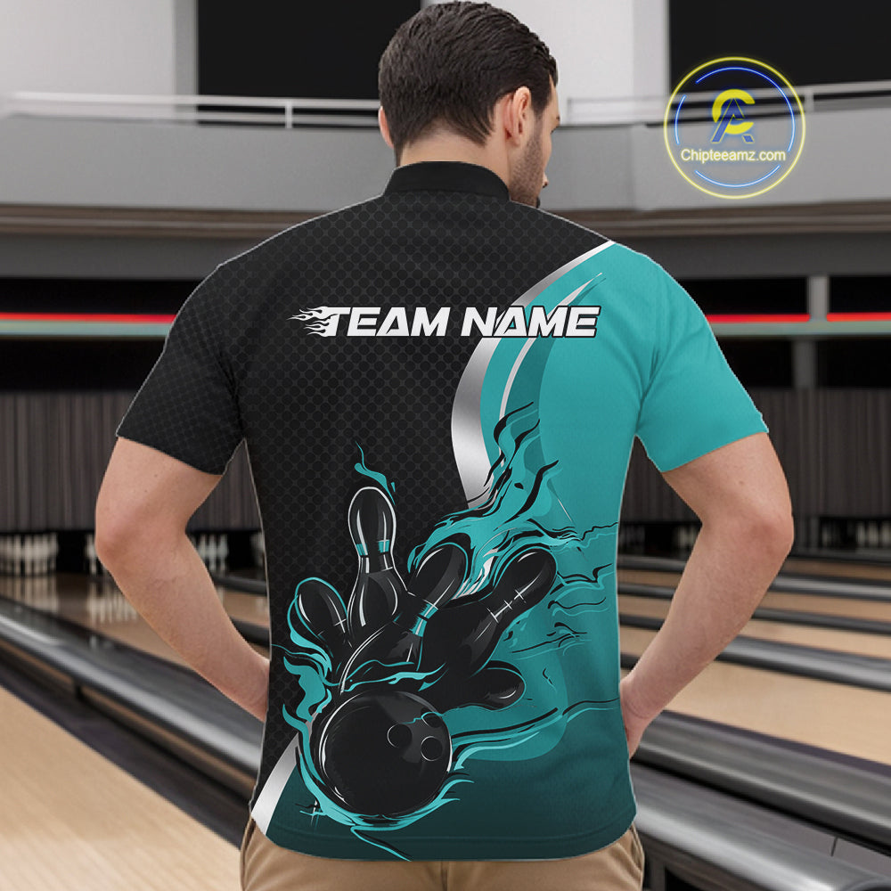 Custom Black And Turquoise Blue Flame Bowling Team Jersey, Bowling Quarter Zip Shirt For Men IPHW12008