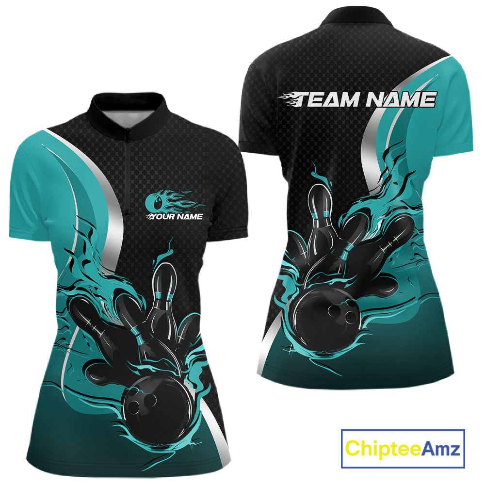 Custom Turquoise Blue Flame Bowling Team Jersey, Women Bowling Quarter-Zip Shirt IPHW12008