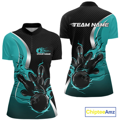 Custom Turquoise Blue Flame Bowling Team Jersey, Women Bowling Quarter-Zip Shirt IPHW12008