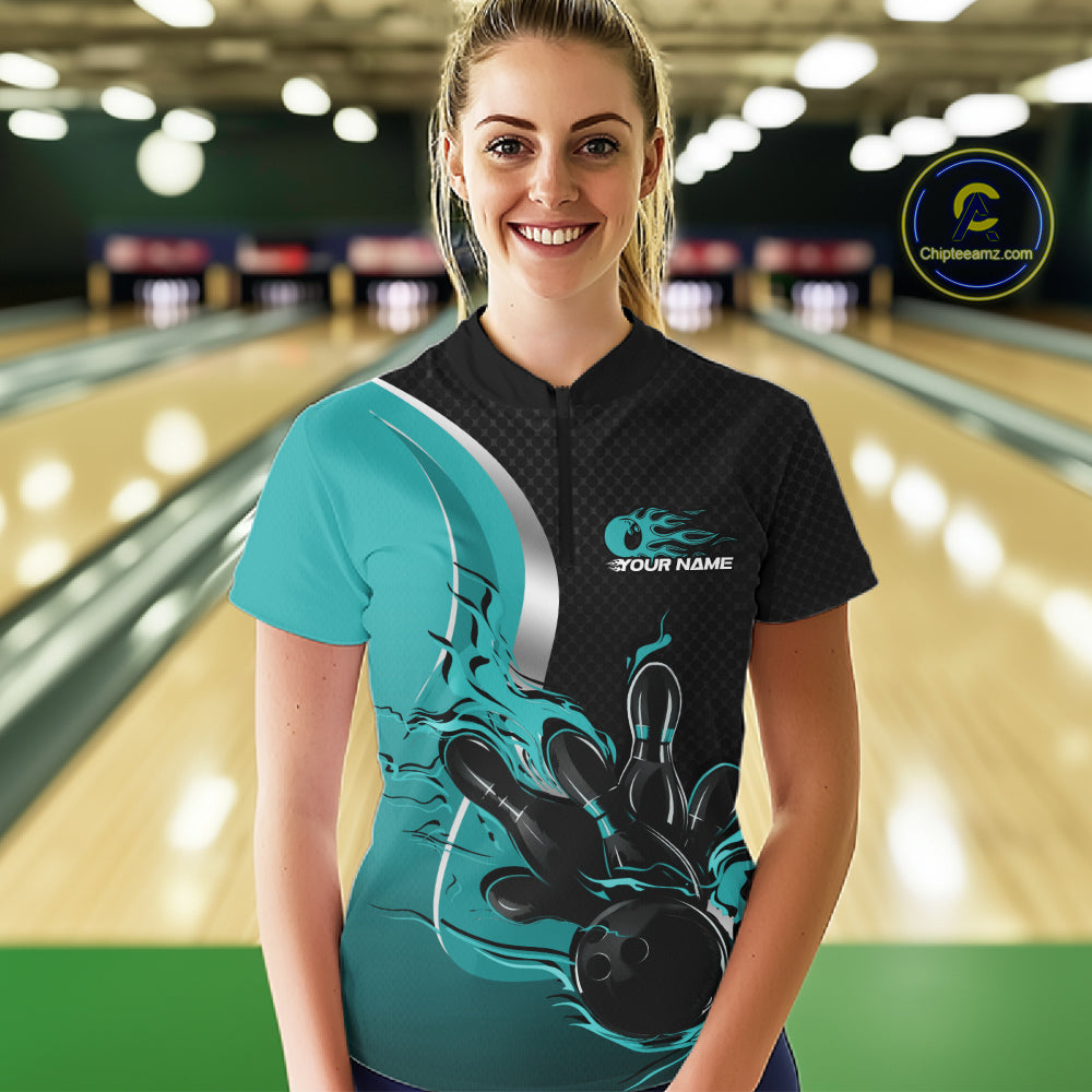 Custom Turquoise Blue Flame Bowling Team Jersey, Women Bowling Quarter-Zip Shirt IPHW12008