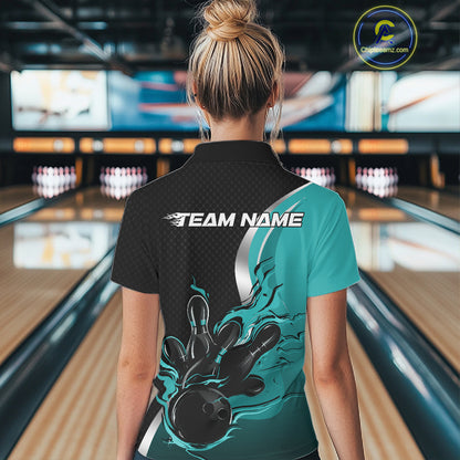 Custom Turquoise Blue Flame Bowling Team Jersey, Women Bowling Quarter-Zip Shirt IPHW12008