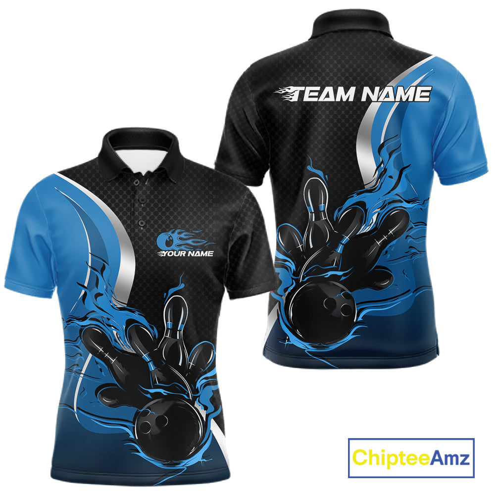 Custom Black And Blue Flame Bowling Team Jersey, Bowling Polo Shirt For Men IPHW12009