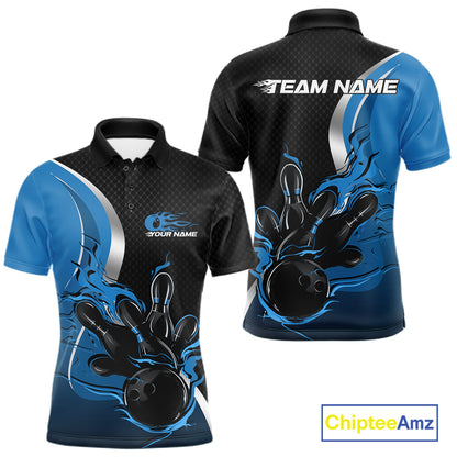 Custom Black And Blue Flame Bowling Team Jersey, Bowling Polo Shirt For Men IPHW12009