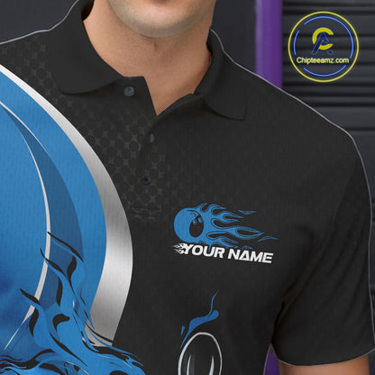 Custom Black And Blue Flame Bowling Team Jersey, Bowling Polo Shirt For Men IPHW12009