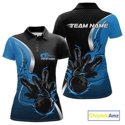 Custom Black And Blue Flame Bowling Team Jersey, Bowling Polo Shirt For Women IPHW12009