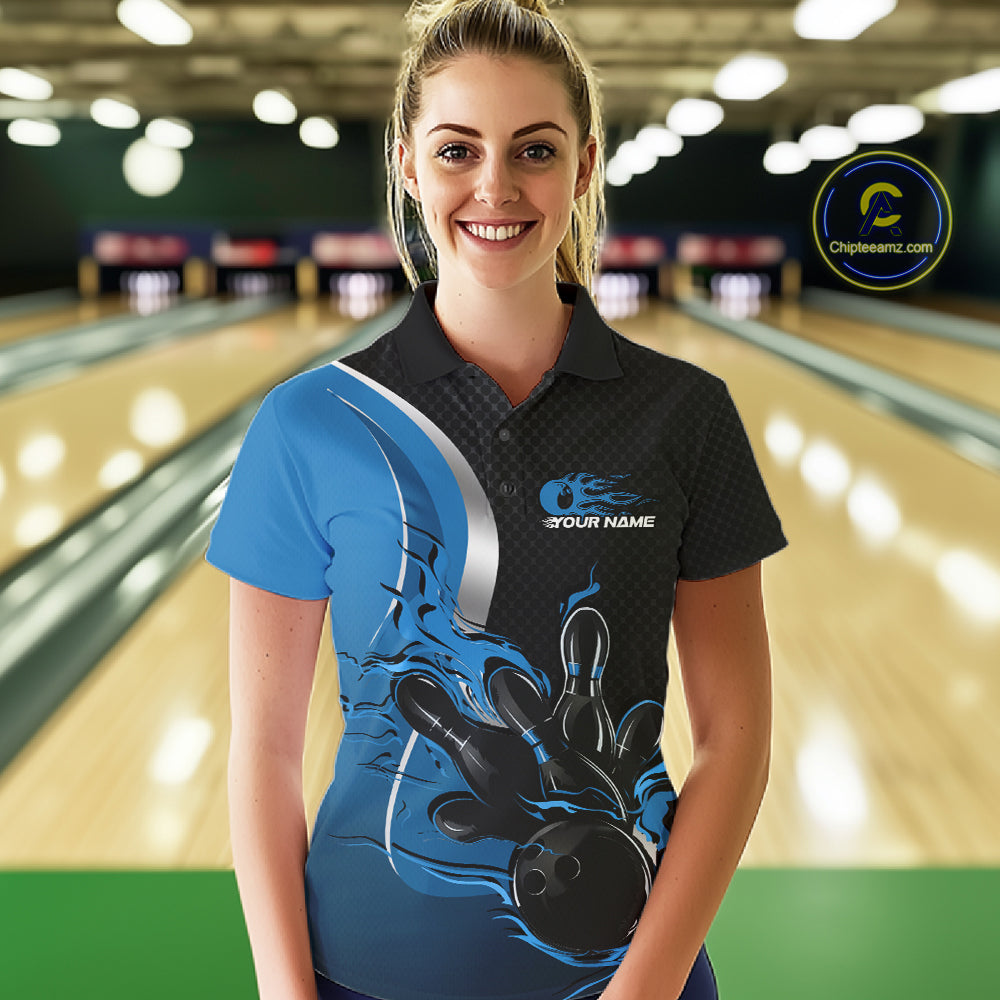 Custom Black And Blue Flame Bowling Team Jersey, Bowling Polo Shirt For Women IPHW12009
