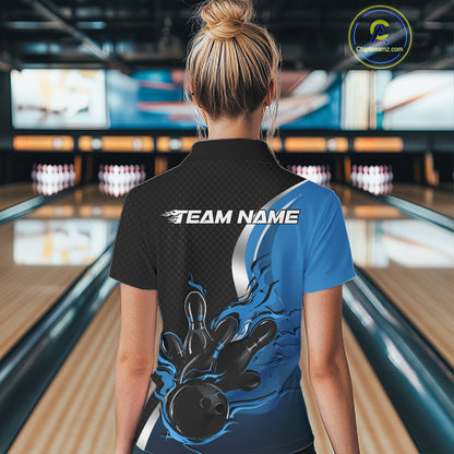 Custom Black And Blue Flame Bowling Team Jersey, Bowling Polo Shirt For Women IPHW12009