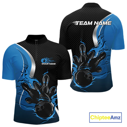 Custom Black And Blue Flame Bowling Team Jersey, Bowling Quarter Zip Shirt For Men IPHW12009