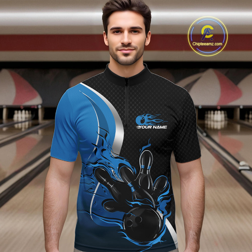 Custom Black And Blue Flame Bowling Team Jersey, Bowling Quarter Zip Shirt For Men IPHW12009