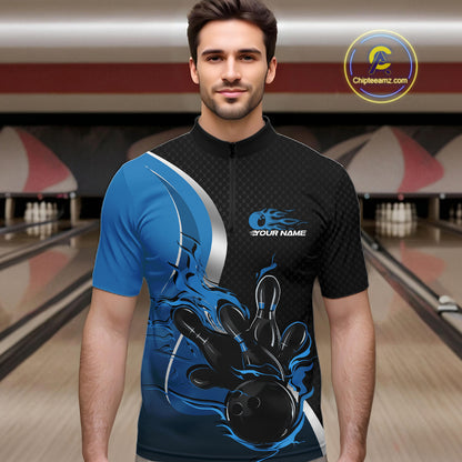 Custom Black And Blue Flame Bowling Team Jersey, Bowling Quarter Zip Shirt For Men IPHW12009