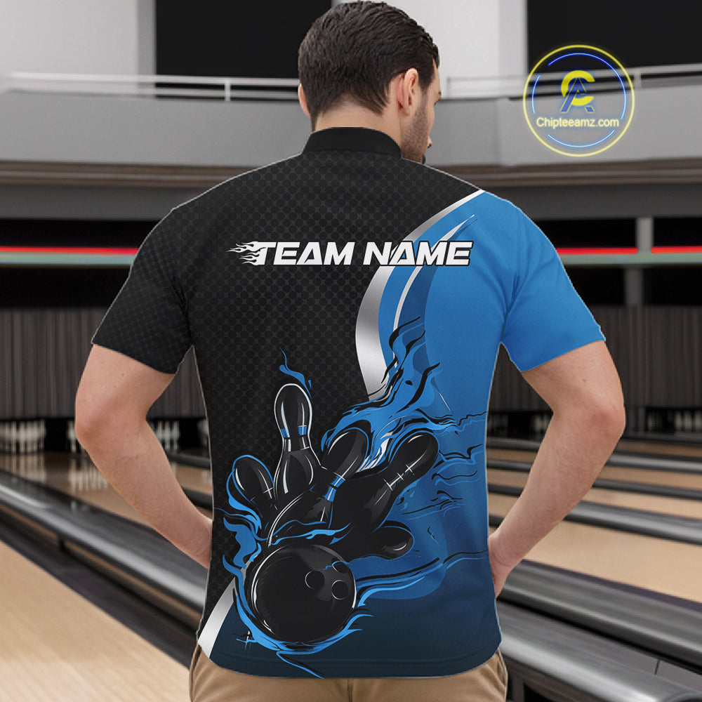 Custom Black And Blue Flame Bowling Team Jersey, Bowling Quarter Zip Shirt For Men IPHW12009