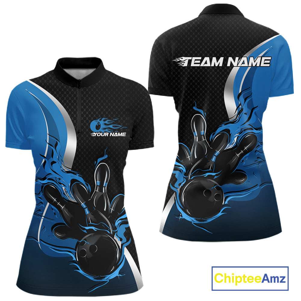 Custom Black And Blue Flame Bowling Team Jersey, Bowling Quarter-Zip Shirt For Women IPHW12009