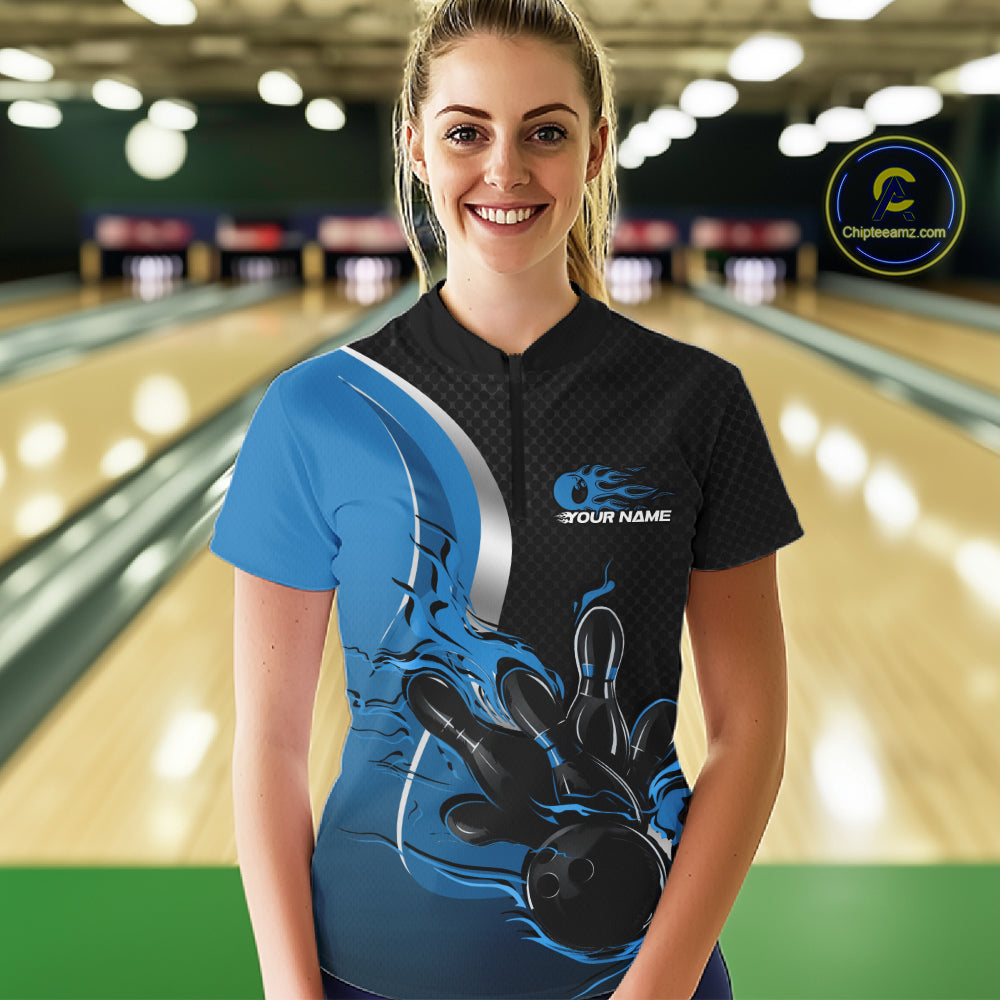 Custom Black And Blue Flame Bowling Team Jersey, Bowling Quarter-Zip Shirt For Women IPHW12009