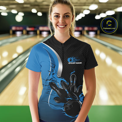 Custom Black And Blue Flame Bowling Team Jersey, Bowling Quarter-Zip Shirt For Women IPHW12009
