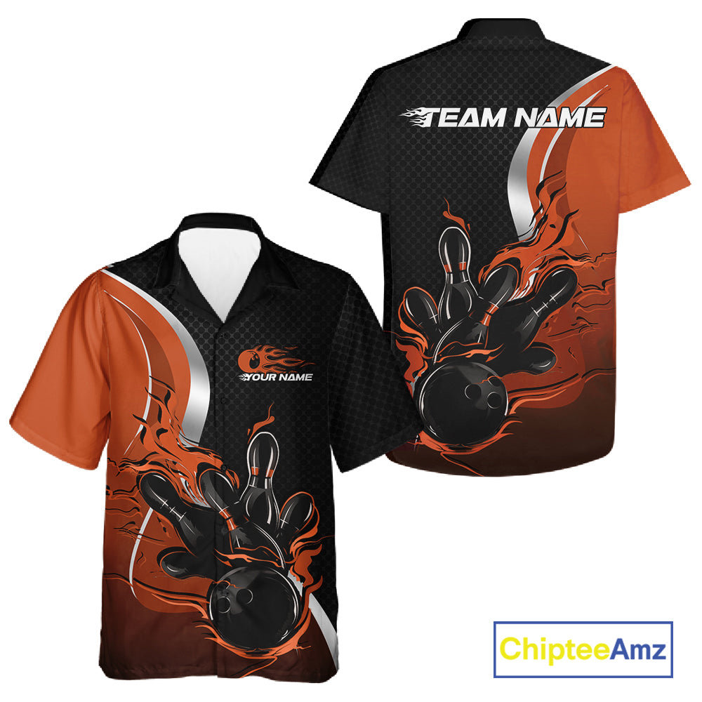 Custom Black And Orange Flame Bowling Team Jersey, Bowling Button Up Shirt For Men And Women IPHW12010