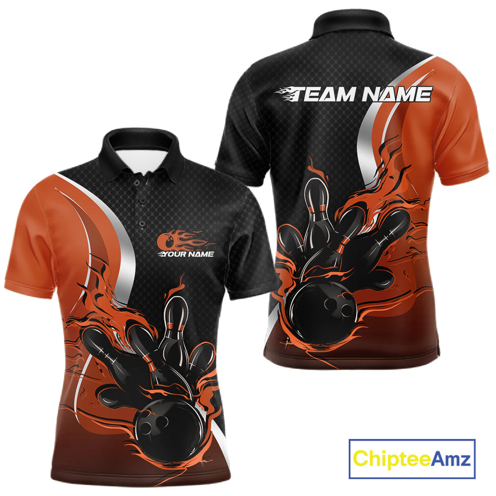 Custom Black And Orange Flame Bowling Team Jersey, Bowling Polo Shirt For Men IPHW12010
