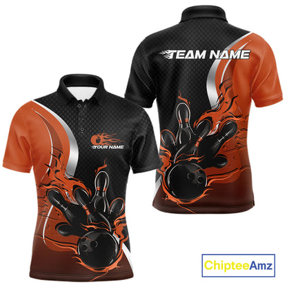 Custom Black And Orange Flame Bowling Team Jersey, Bowling Polo Shirt For Men IPHW12010