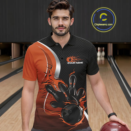 Custom Black And Orange Flame Bowling Team Jersey, Bowling Polo Shirt For Men IPHW12010