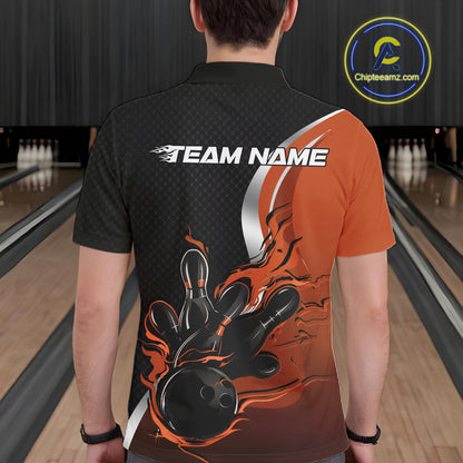 Custom Black And Orange Flame Bowling Team Jersey, Bowling Polo Shirt For Men IPHW12010