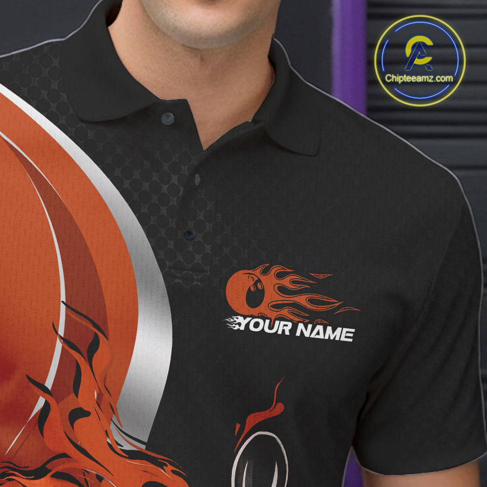 Custom Black And Orange Flame Bowling Team Jersey, Bowling Polo Shirt For Men IPHW12010