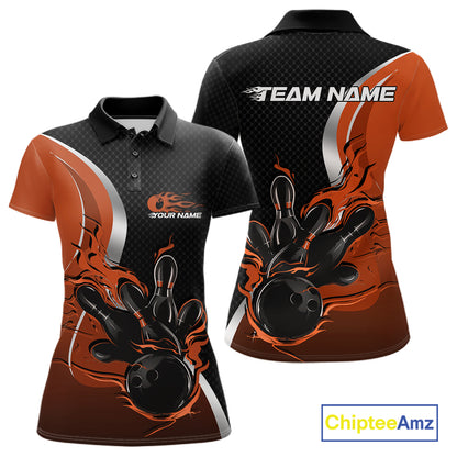 Custom Black And Orange Flame Bowling Team Jersey, Bowling Polo Shirt For Women IPHW12010