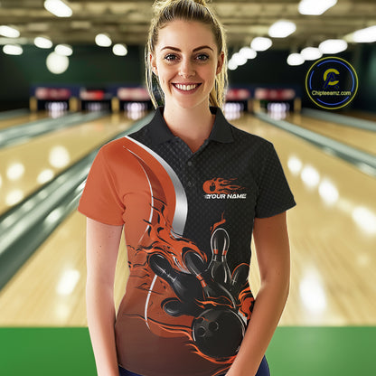 Custom Black And Orange Flame Bowling Team Jersey, Bowling Polo Shirt For Women IPHW12010